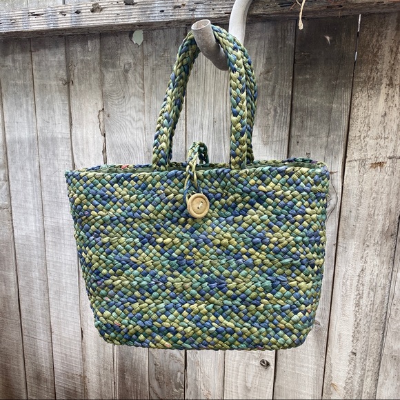 Vintage Wicker Woven Green Blue Beach Bag Purse - Picture 1 of 4